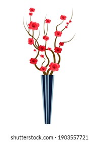 sakura branches in a pot .Vector illustration flower, plant growing in a pot. Potted plant icon. Indoor plant in a pot isolated on white background. 