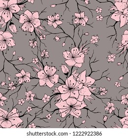 Sakura branches seamless pattern. Japanese Cherry abstract texture. Apple tree twigs with flowers and buds. Cherry blossom background. Poster or wallpaper floral design. Color vector illustration