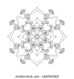 Ramas de sakura con una decoración sencilla de fondo blanco aislado. Mandala floral para colorear páginas de libros.