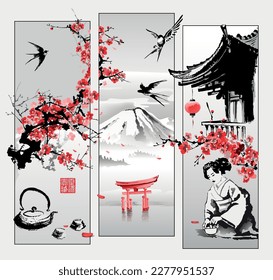 Sakura branches, Swallows and a paper lantern on the roof of the pagoda. Woman making tea. Collage in oriental style. Printing with hieroglyphs - Treasure of the Soul. Vector.