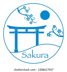 Sakura branches and torii, ritual gates. Japan traditional design elements. Branches of cherry blossoms. Travel and leisure.