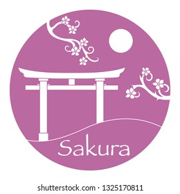 Sakura branches and torii, ritual gates. Japan traditional design elements. Branches of cherry blossoms. Travel and leisure.