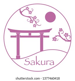 Sakura branches and torii, ritual gates. Japan traditional design elements. Branches of cherry blossoms. Travel and leisure.