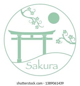 Sakura branches and torii, ritual gates. Japan traditional design elements. Branches of cherry blossoms. Travel and leisure.