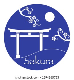 Sakura branches and torii, ritual gates. Japan traditional design elements. Branches of cherry blossoms. Travel and leisure.