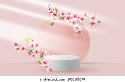 Sakura branches vernal flower tree blossom and 3d pink scene rendering with podium. Pink Mother's Day scene platform, stage for cosmetic product show. Mother's Day card with sakura branches blossom.