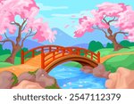 Sakura bridge. Japanese spring beautiful park with bloom cherry trees, path over river in asian garden japan forest chinese scene cartoon panorama scenery, neat vector illustration original artwork