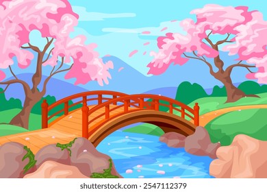 Sakura bridge. Japanese spring beautiful park with bloom cherry trees, path over river in asian garden japan forest chinese scene cartoon panorama scenery, neat vector illustration original artwork