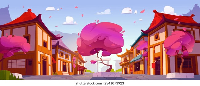 Sakura and buildings on city street in China or Japan. Chinese town landscape with asian houses, road and cherry tree with pink blossoms, vector cartoon illustration