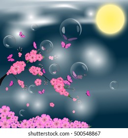 sakura, butterflies, bubbles, reflection, sun