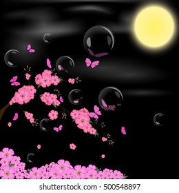 sakura, butterflies, bubbles, reflection, sun