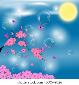 sakura, butterflies, bubbles, reflection, sun