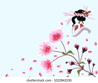 Sakura. Card. A branch of blossoming cherry spring tree with purple flowers and buds. Silhouette decorated with flowers. Vector illustration