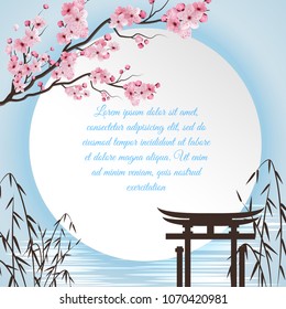 Sakura cartoon concept with Japanese motifs and white circle with place for poem vector illustration