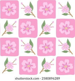 Sakura Checkered Seamless Pattern. Twisted Cherry blossom background with checkerboard texture hand drawn pink flowers and branches with leaves. Springtime vector illustration