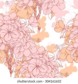 Sakura cherry blossom background design. Branch with pink and orange flowers illustration. Seamless repeating pattern.
