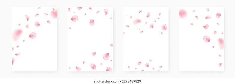 Sakura cherry blossom banner set. Spring blooming flowers card. Japanese pattern. Blooming sakura design. Wedding invitation. Flying rose petal. Organic cosmetic. Vector illustration.