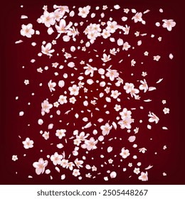 Sakura Cherry Blossom Confetti. Flying Japanese Sakura Cherry Rose Petals Banner. Windy Leaves Confetti Design. Elegant Premium Magic Pattern. Blooming Cosmetics Ad Noble Floral Background.