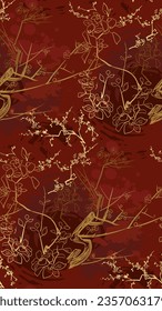 sakura cherry blossom dark red gold japanese chinese traditional vector illustration card background seamless pattern colorful watercolor ink textured