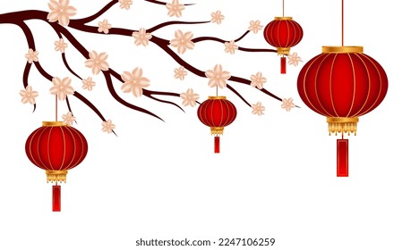 Sakura or cherry blossom flower branch and chinese lamp lantern on white background. Design ornament for printing on cards, invitations