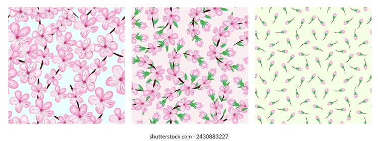 Sakura cherry blossom flower seamless pattern on light background for card , invite, fabric design, scrapbook, origami . Vector japan style spring background