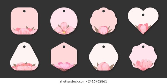 Sakura cherry blossom flower tag label sticker pink flat set. Romantic valentine day heart shape cute holiday gift bud floral certificate banner postcard design cosmetic botanical promo sale isolated