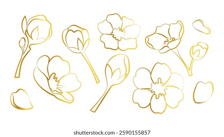 Sakura. Cherry blossom flowers, buds and twigs in gold gradient. Line illustration of spring flowers and trees on white background.