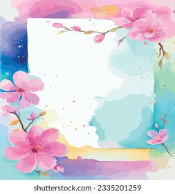 Sakura, Cherry blossom frame on watercolor background, vector illustration.