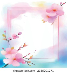 Sakura, marco de floración de cerezo sobre fondo de acuarela, ilustración vectorial.