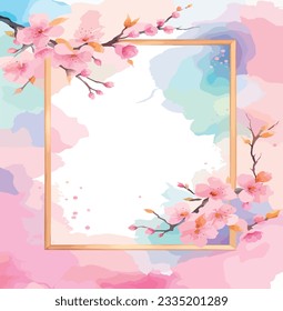 Sakura, Cherry blossom frame on watercolor background, vector illustration.