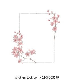 Sakura Cherry blossom hand drawn flower frame vector illustration isolated on white. Vintage Romantic spring floral square frame. Botanical floral arrangement for Happy Easter design.