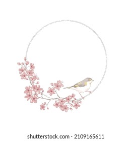 Sakura Cherry Blossom Hand Drawn Flower Frame With Bird Vector Illustration Isolated On White. Vintage Romantic Spring Floral Round Frame. Botanical Floral Arrangement For Happy Easter Design.