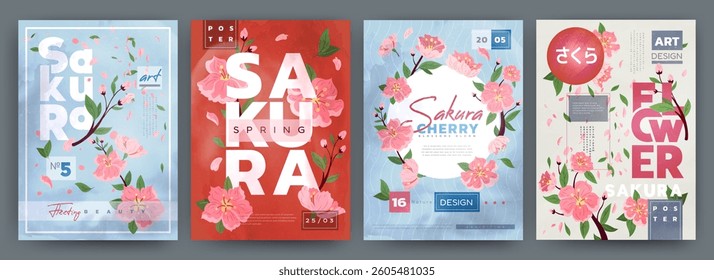 Sakura. Cherry blossom of Japan. Flower poster. Nature tree in spring. Floral pink branch from Japanese tradition to bloom. Modern geometric design with botanical vector wedding Chinese tidy card
