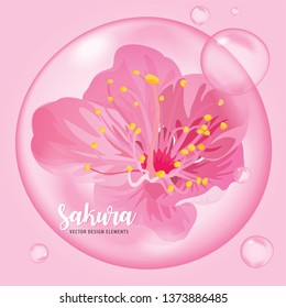 Sakura or cherry blossom oil extract essence with flower and bubble on background template. Vector set of element for advertising, banner, packaging design.