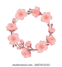 Sakura, Cherry blossom round frame. Floral composition in pink and brown colors. Cartoon flowers  isolated on white background. Vector design for use in card, banner, invitation. Spring illustration.