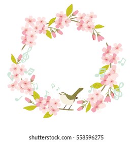 Sakura Cherry blossom round frame with a bird