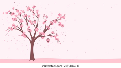 Sakura cherry blossom tree banner, template or card. Elegant Japanese blooming plant with pink flower petals, Chinese lantern. Asian cultural spring blossoming background. Vector oriental illustration