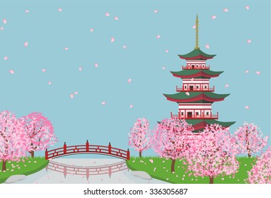 sakura cherry blossom tree, river with pagoda and bridge landscape. isolated on blue background vector illustration