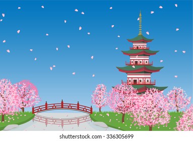 sakura cherry blossom tree, river with pagoda and bridge landscape. vector illustration