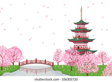 sakura cherry blossom tree, river with pagoda and bridge landscape. isolated on white background vector illustration