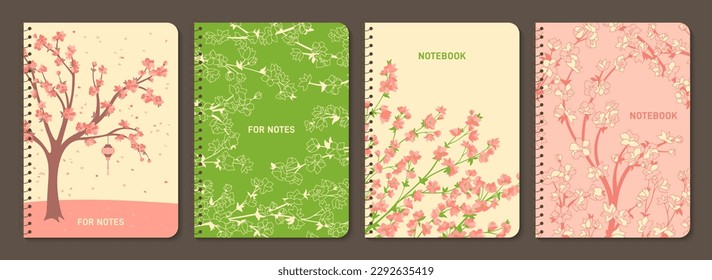 Sakura cherry blossom tree and twigs trendy notebook cover set. Japanese blooming plant with flowers design for planner, brochure, book, catalog. Notepad with Asian plants. Decorative page template