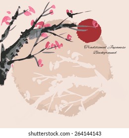 Sakura cherry blossom watercolor background. Vector image.