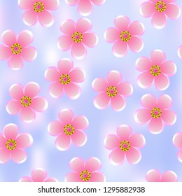 Sakura, cherry blossoms on blue sky abstract background, seamless texture, vector