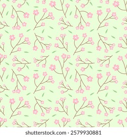 sakura , cherry blossoms on green background, fabric pattern, gift wrapping paper, notebook cover, phone case , seamless pattern 