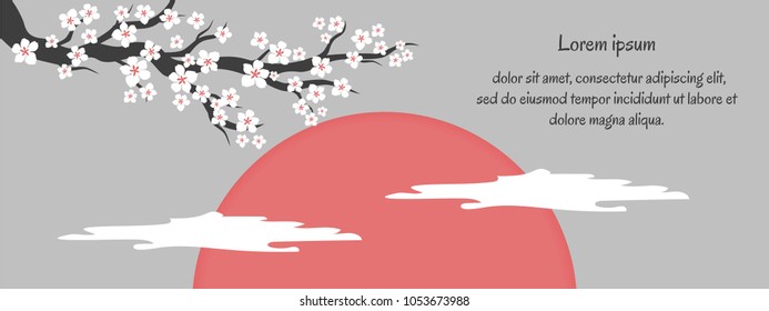 Sakura cherry blossoms on a red sun with text. White cherry flower blossom branch, peach bloom, sakura branch. Blooming Asian nature. Vector illustration.