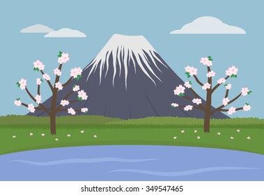 sakura cherry blossoms tree, lake and fuji mountain. vector