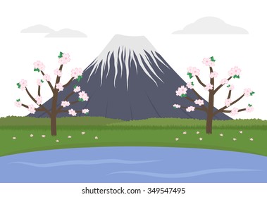 sakura cherry blossoms tree, lake and fuji mountain. isolated on white background vector