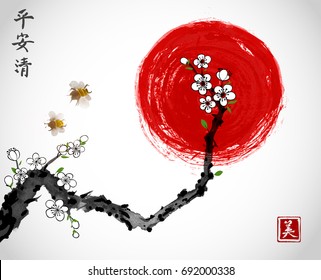 Sakura cherry branch in white blossom, two bees and red sun on white background. Traditional oriental ink painting sumi-e, u-sin, go-hua. Contains hieroglyphs - peace, tranquility, clarity, beauty.