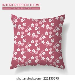 Sakura Cherry Decorative Throw Pillow design template. Original pattern is complete, masked. Modern interior design element. Vector design is layered. Editable eps10 contains the pattern swatch.