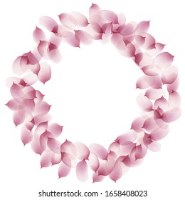 sakura cherry petals, pink apricot flowers falling round frame. watercolor effect pink rose petals vector background, romantic, love, girly, woman, gentle backdrop